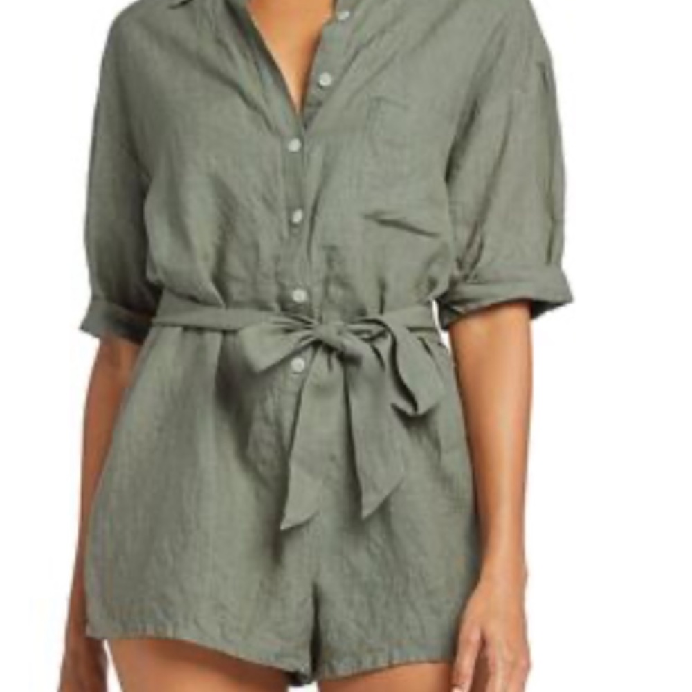 Vitamin A Olive Green Button-Front Linen Romper